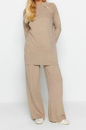 Kadın Moda Şık Regular Boy Uzun Kollu Düğme Detaylı Triko Alt-Üst Takım