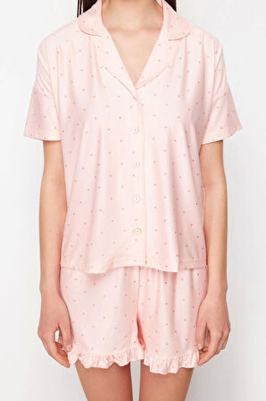 Kadın Polyester Gömlek Yaka Kısa Kol Somon Puantiyeli Fırfır Detaylı Örme Pijama Takımı
