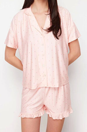 Kadın Polyester Gömlek Yaka Kısa Kol Somon Puantiyeli Fırfır Detaylı Örme Pijama Takımı