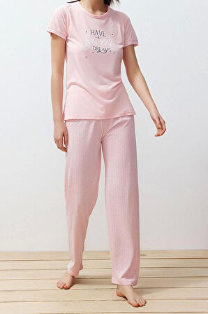 Kadın Moda Şık Bisiklet Yaka Boru Paça Kısa Kol Baskılı Puantiyeli Örme Pijama Takımı