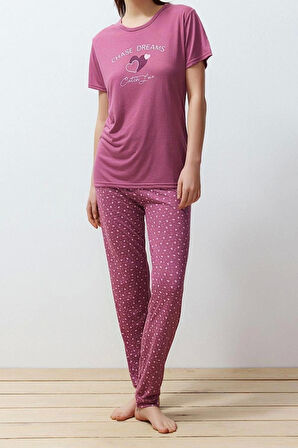 Kadın Polyester Bisiklet Yaka Kısa Kol Kalpli Örme Pijama Takımı
