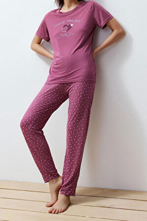 Kadın Polyester Bisiklet Yaka Kısa Kol Kalpli Örme Pijama Takımı