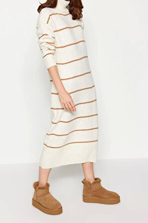 Yeni Oversize Casual Günlük Çift Plaka Triko Balıkçı Yaka Uzun Kol Shift Maxi Boy Elbise