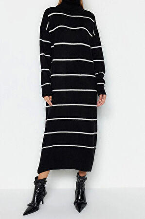Yeni Oversize Casual Günlük Çift Plaka Triko Balıkçı Yaka Uzun Kol Shift Maxi Boy Elbise