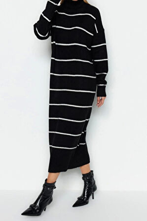 Yeni Oversize Casual Günlük Çift Plaka Triko Balıkçı Yaka Uzun Kol Shift Maxi Boy Elbise