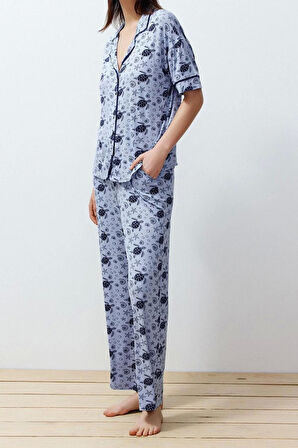 Kadın Moda Şık Gömlek Yaka Boru Paça Kısa Kol Desenli Biyeli Örme Pijama Takımı