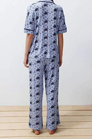 Kadın Moda Şık Gömlek Yaka Boru Paça Kısa Kol Desenli Biyeli Örme Pijama Takımı