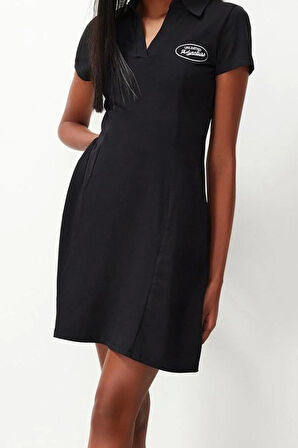 Kadın Moda Şık Mini Boy Polo Yaka Regular Skater Belden Açılan Nakışlı Pamuklu Esnek Örme Elbise