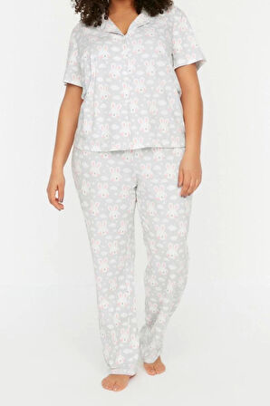 Büyük Beden Kadın Pamuklu Gömlek Yaka Kısa Kol Baskılı Örme Düğmeli Pijama Takımı