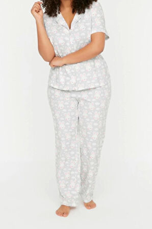 Büyük Beden Kadın Pamuklu Gömlek Yaka Kısa Kol Baskılı Örme Düğmeli Pijama Takımı