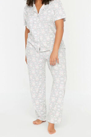 Büyük Beden Kadın Pamuklu Gömlek Yaka Kısa Kol Baskılı Örme Düğmeli Pijama Takımı