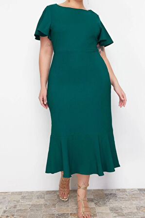 Yeni Fit Gündüz Gece Finike Dokuma Bisiklet Yaka Kısa Kol Bodycone Midi Boy Büyük Beden Elbise