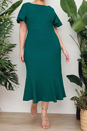 Yeni Fit Gündüz Gece Finike Dokuma Bisiklet Yaka Kısa Kol Bodycone Midi Boy Büyük Beden Elbise