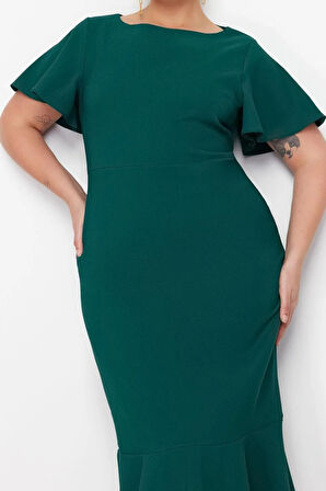 Yeni Fit Gündüz Gece Finike Dokuma Bisiklet Yaka Kısa Kol Bodycone Midi Boy Büyük Beden Elbise