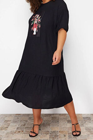 Yeni Rahat Casual Günlük Queen Crep Dokuma Bisiklet Yaka Kısa Kol Smock Midi Boy Büyük Beden Elbise