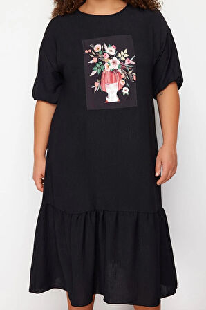 Yeni Rahat Casual Günlük Queen Crep Dokuma Bisiklet Yaka Kısa Kol Smock Midi Boy Büyük Beden Elbise