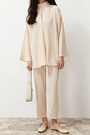 Kadın Moda Şık Regular Boy Uzun Kollu Yakası Detaylı Dokuma Alt Üst Takım