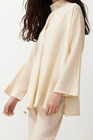 Kadın Moda Şık Regular Boy Uzun Kollu Yakası Detaylı Dokuma Alt Üst Takım