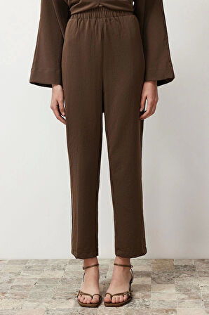 Kadın Moda Şık Regular Boy Uzun Kollu Yakası Detaylı Dokuma Alt Üst Takım