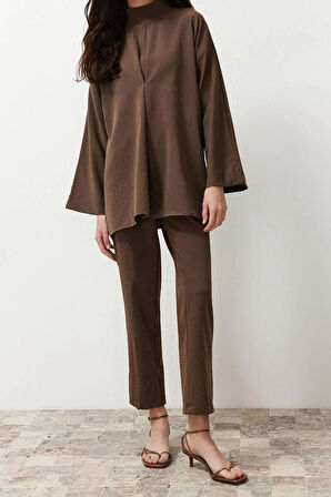 Kadın Moda Şık Regular Boy Uzun Kollu Yakası Detaylı Dokuma Alt Üst Takım