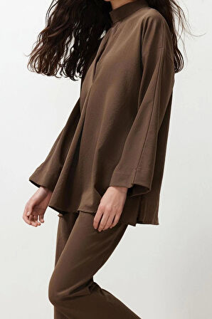 Kadın Moda Şık Regular Boy Uzun Kollu Yakası Detaylı Dokuma Alt Üst Takım