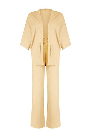 Kadın Moda Şık Geniş Paça Uzun Boy Uzun Kollu Relaxed Rahat Kesim Örme Kimona Pantolon Alt-Üst Takım