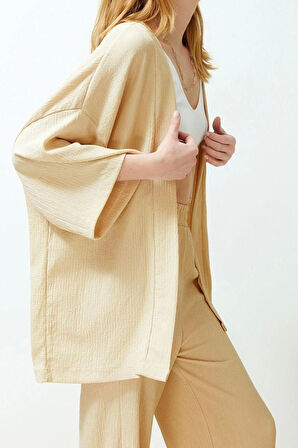 Kadın Moda Şık Geniş Paça Uzun Boy Uzun Kollu Relaxed Rahat Kesim Örme Kimona Pantolon Alt-Üst Takım