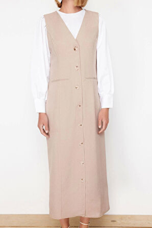 Kadın Moda Şık Tesettür Maxi Boy V Yaka Regular Dokuma Kumaş Jile Elbise