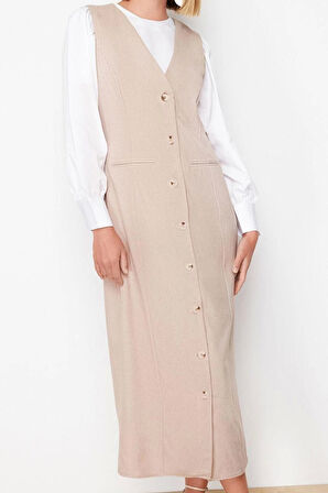 Kadın Moda Şık Tesettür Maxi Boy V Yaka Regular Dokuma Kumaş Jile Elbise