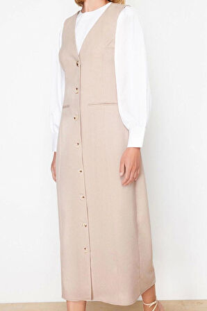 Kadın Moda Şık Tesettür Maxi Boy V Yaka Regular Dokuma Kumaş Jile Elbise