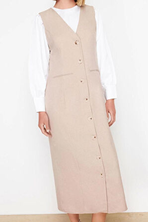 Kadın Moda Şık Tesettür Maxi Boy V Yaka Regular Dokuma Kumaş Jile Elbise