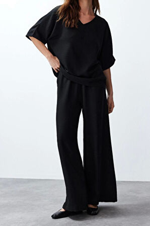 Kadın Moda Şık Regular Boy Uzun Kollu V Yaka Dokuma Bluz-Pantolon Takım