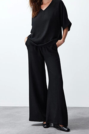 Kadın Moda Şık Regular Boy Uzun Kollu V Yaka Dokuma Bluz-Pantolon Takım