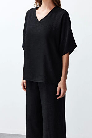 Kadın Moda Şık Regular Boy Uzun Kollu V Yaka Dokuma Bluz-Pantolon Takım