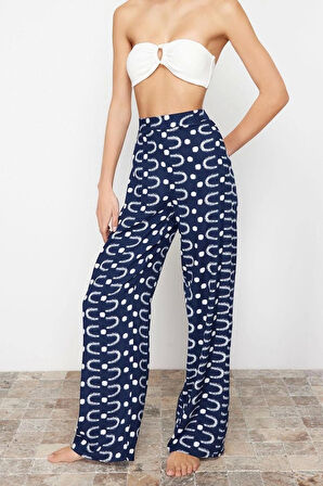 Kadın Yeni Moda Geniş Paça Uzun Boy Dokuma Geometrik Desenli Pantolon