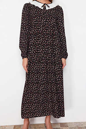 Yeni Regular Casual Günlük Belmando Dokuma V Yaka Uzun Kol A-Line Midi Boy Tesettür Elbise