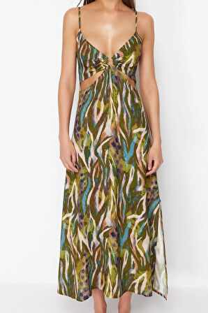 Yeni Rahat Plaj Günlük Yoryo Şifon Dokuma V Yaka Askılı Kol Shift Maxi Boy Elbise