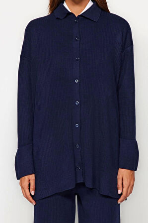 Kadın Moda Şık Geniş Paça Regular Boy Uzun Kollu Yırtmaç Detaylı Hırka-Pantolon Triko Takım