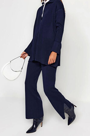 Kadın Moda Şık Geniş Paça Regular Boy Uzun Kollu Yırtmaç Detaylı Hırka-Pantolon Triko Takım