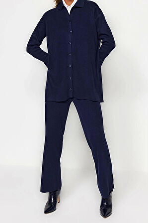 Kadın Moda Şık Geniş Paça Regular Boy Uzun Kollu Yırtmaç Detaylı Hırka-Pantolon Triko Takım