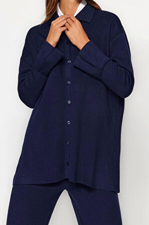 Kadın Moda Şık Geniş Paça Regular Boy Uzun Kollu Yırtmaç Detaylı Hırka-Pantolon Triko Takım