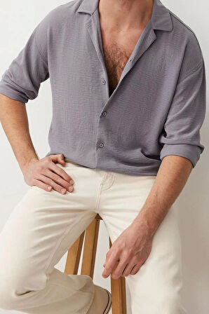 Moda Apaş Yaka Düz Uzun Kol Oversize Fit Apaş Yaka Yazlık Keten Görünümlü Gömlek