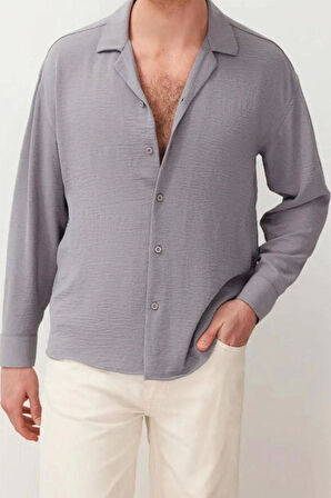 Moda Apaş Yaka Düz Uzun Kol Oversize Fit Apaş Yaka Yazlık Keten Görünümlü Gömlek