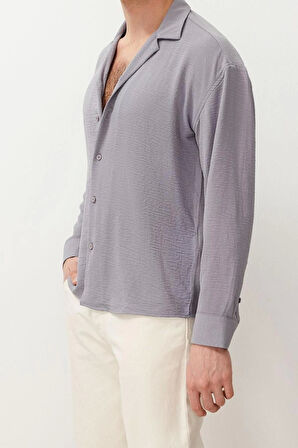 Moda Apaş Yaka Düz Uzun Kol Oversize Fit Apaş Yaka Yazlık Keten Görünümlü Gömlek