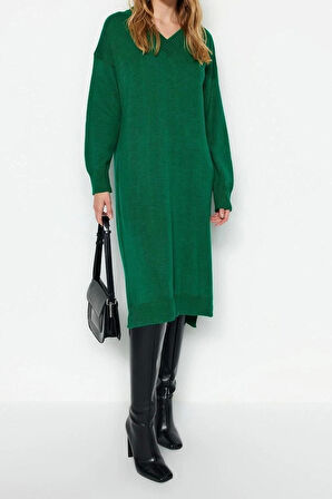 Yeni Oversize Casual Günlük Selanik Triko V Yaka Uzun Kol Shift Maxi Boy Elbise