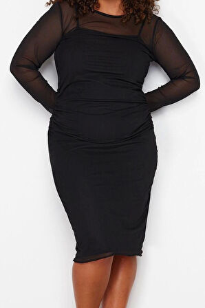 Kadın Moda Şık Büyük Beden Midi Boy Bisiklet Yaka Fitted Tül Örme Büyük Beden Elbise