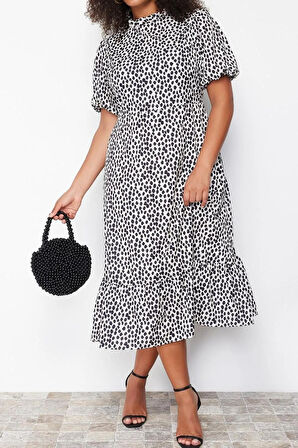 Yeni Fit Casual Günlük Moss Krep Dokuma Dik Yaka Truvakar Kol Kol A-Line Midi Boy Büyük Beden Elbise