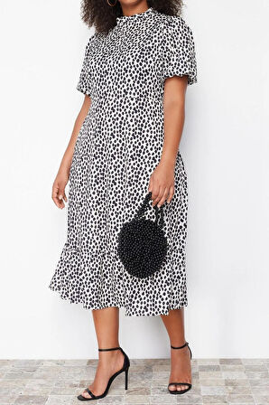 Yeni Fit Casual Günlük Moss Krep Dokuma Dik Yaka Truvakar Kol Kol A-Line Midi Boy Büyük Beden Elbise