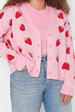 Kadın Büyük Beden Moda Şık Regular V Yaka Uzun Kol Geometrik Çilek Desenli Crop Triko Hırka