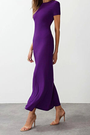 Yeni Slim Casual Günlük Kalın Sandy Örme Bisiklet Yaka Kısa Kol Bodycone Maxi Boy Elbise